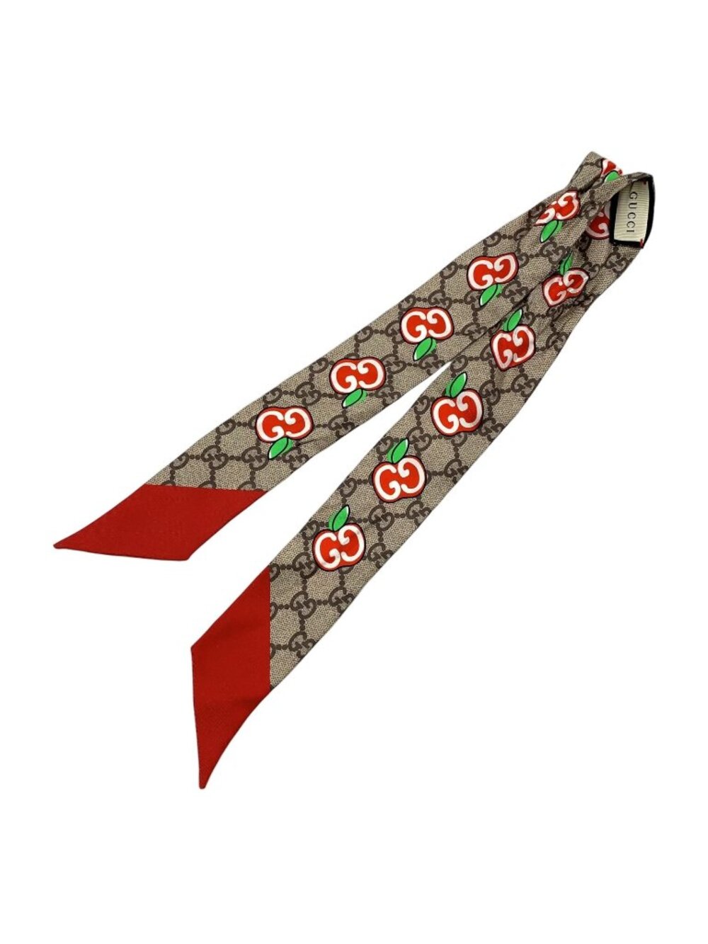 Gucci GG Apple Collection Neck Bow Ribbon Silk Beige Red Scarf
